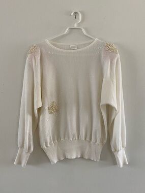 Vintage Pearl-Embellished Cream Women's Sweater